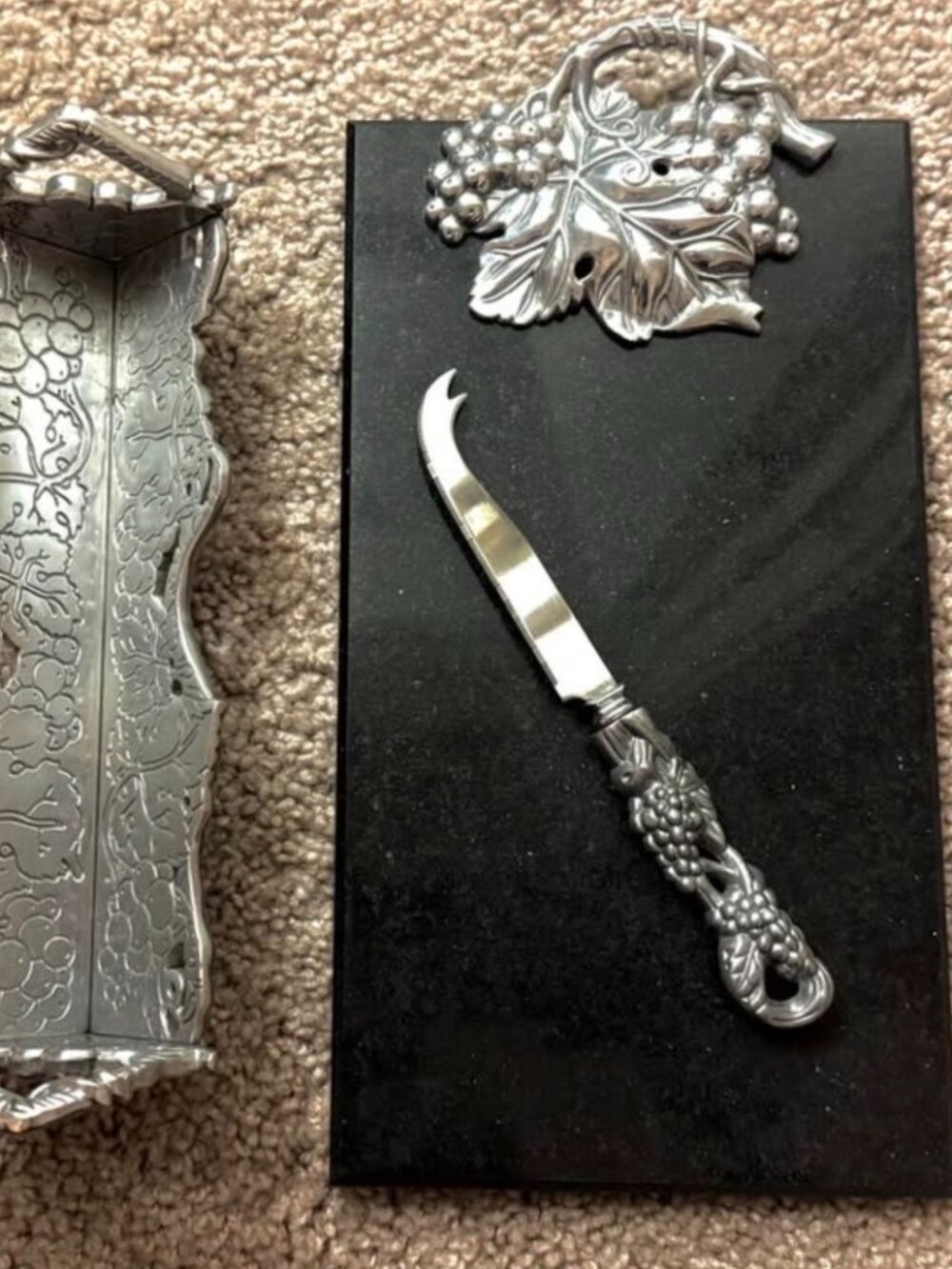 Arthur Court Black Marble Grape Cheese Board Cracker Tray & Knife Set 12"